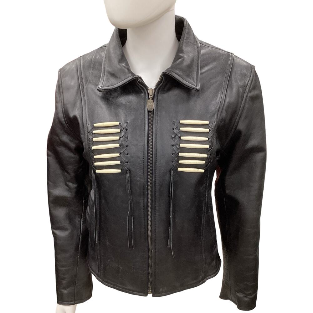 VTG ZR1 Jacket Women’s Size S Leather Moto Style Native American Beading Black
